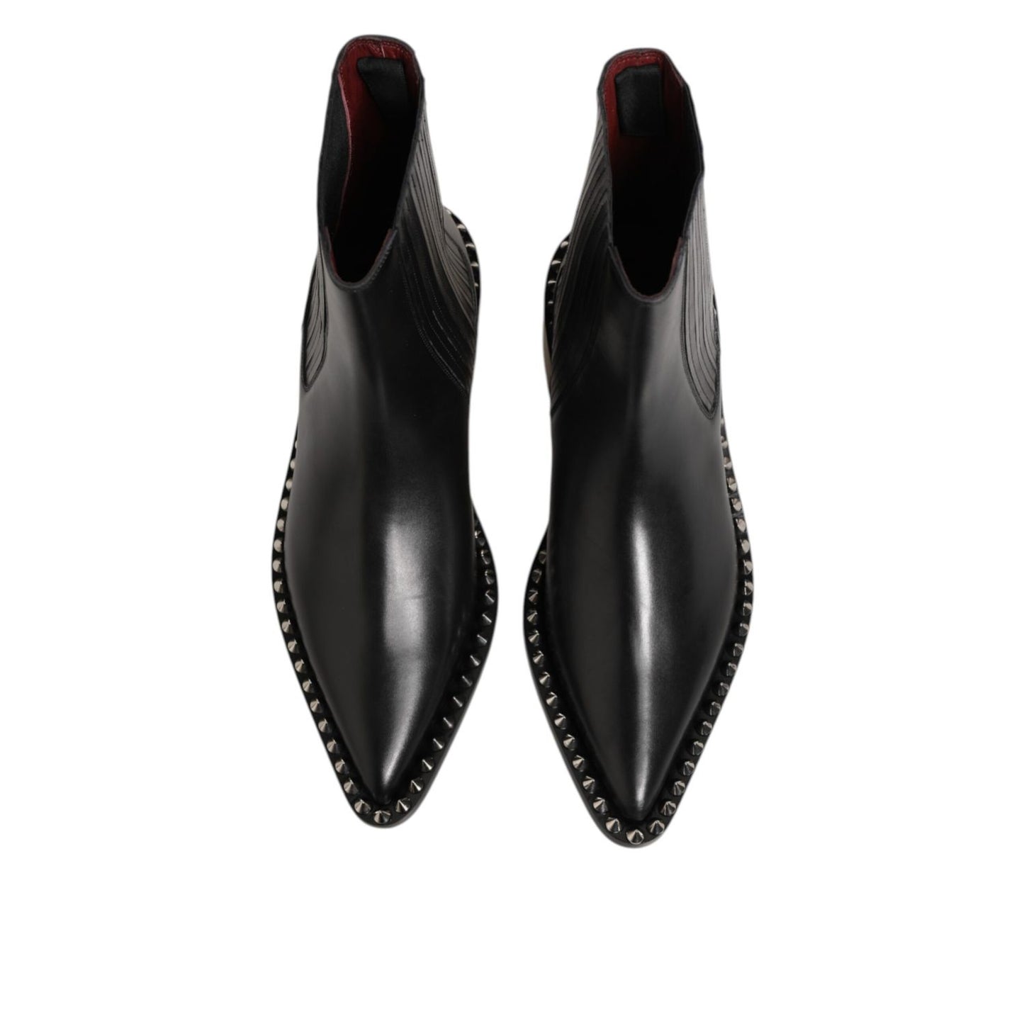 Dolce & Gabbana Black Leather Studded Men Short Boots Shoes with sleek silhouette and logo details.