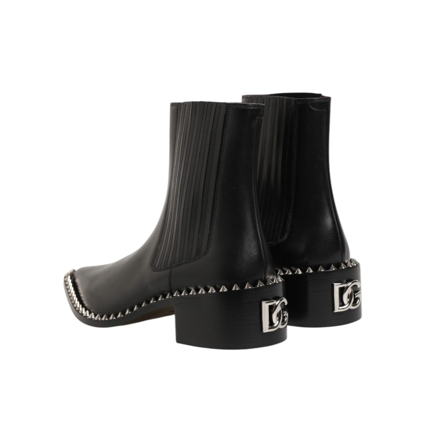Dolce & Gabbana Black Leather Studded Men Short Boots Shoes, featuring sleek design and logo details on heel.