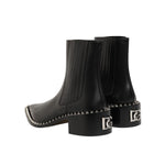 Dolce & Gabbana Black Leather Studded Men Short Boots Shoes, featuring sleek design and logo details on heel.