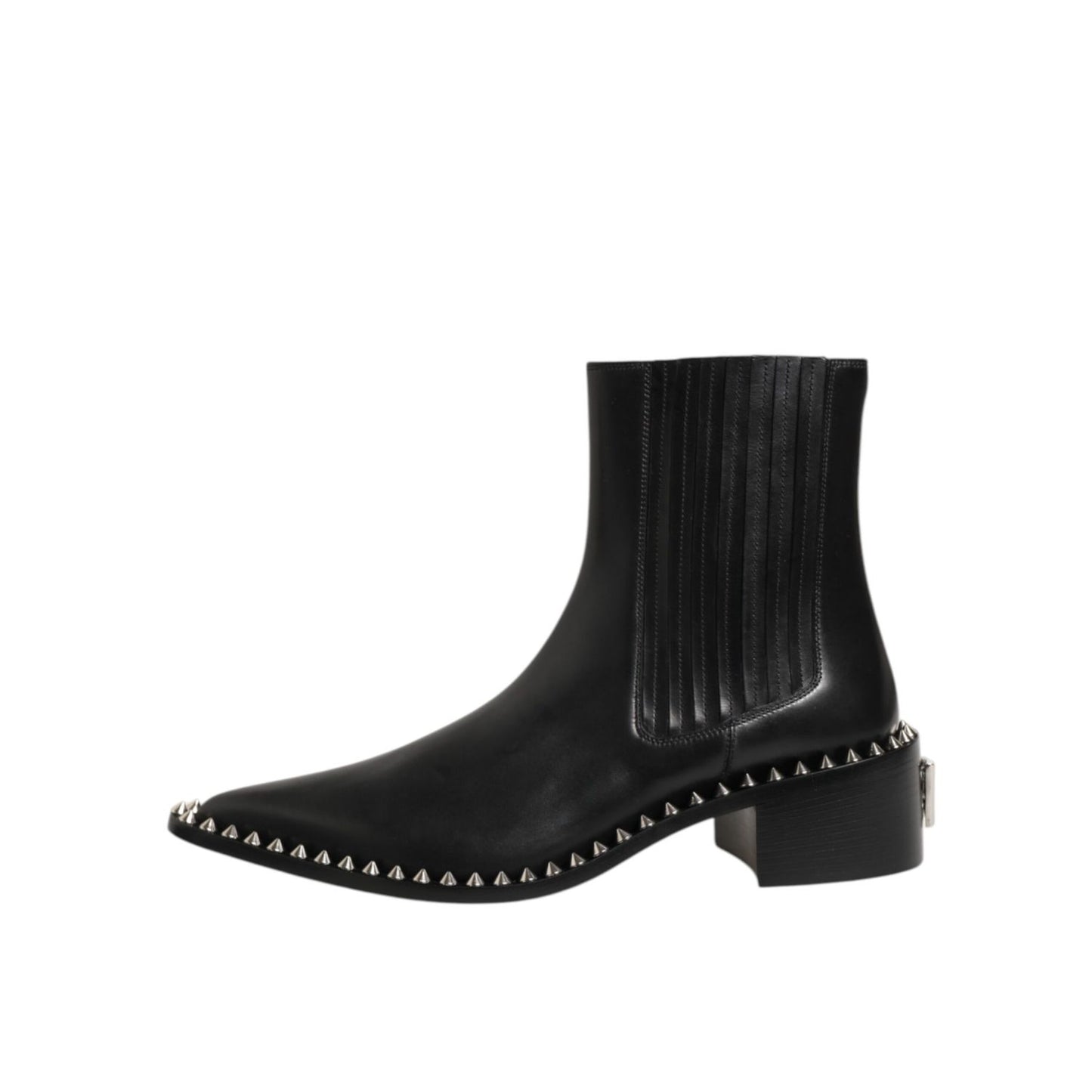 Dolce & Gabbana Black Leather Studded Men Short Boots Shoes with sleek silhouette and logo details.