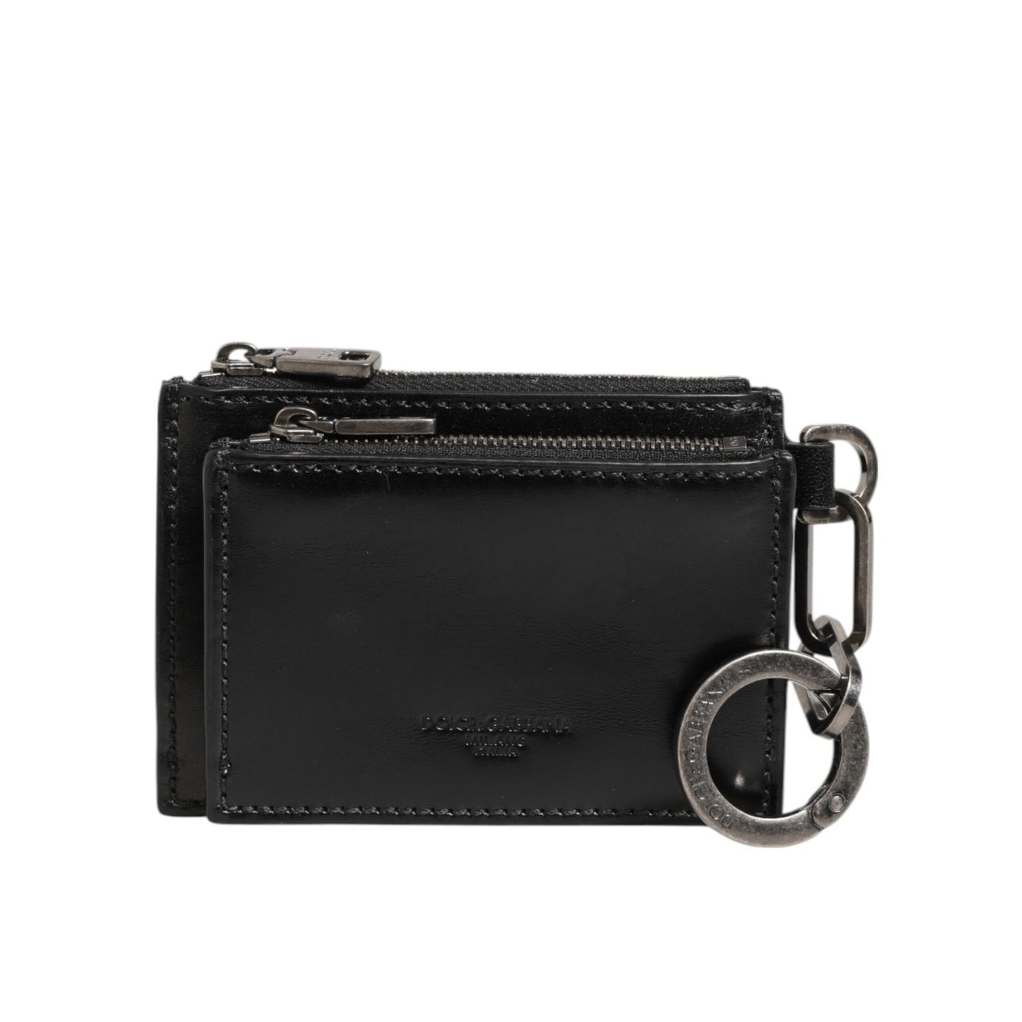Dolce & Gabbana Black Leather Zipped Card Holder Coin Purse Keyring Wallet with dual zip compartments and metal chain
