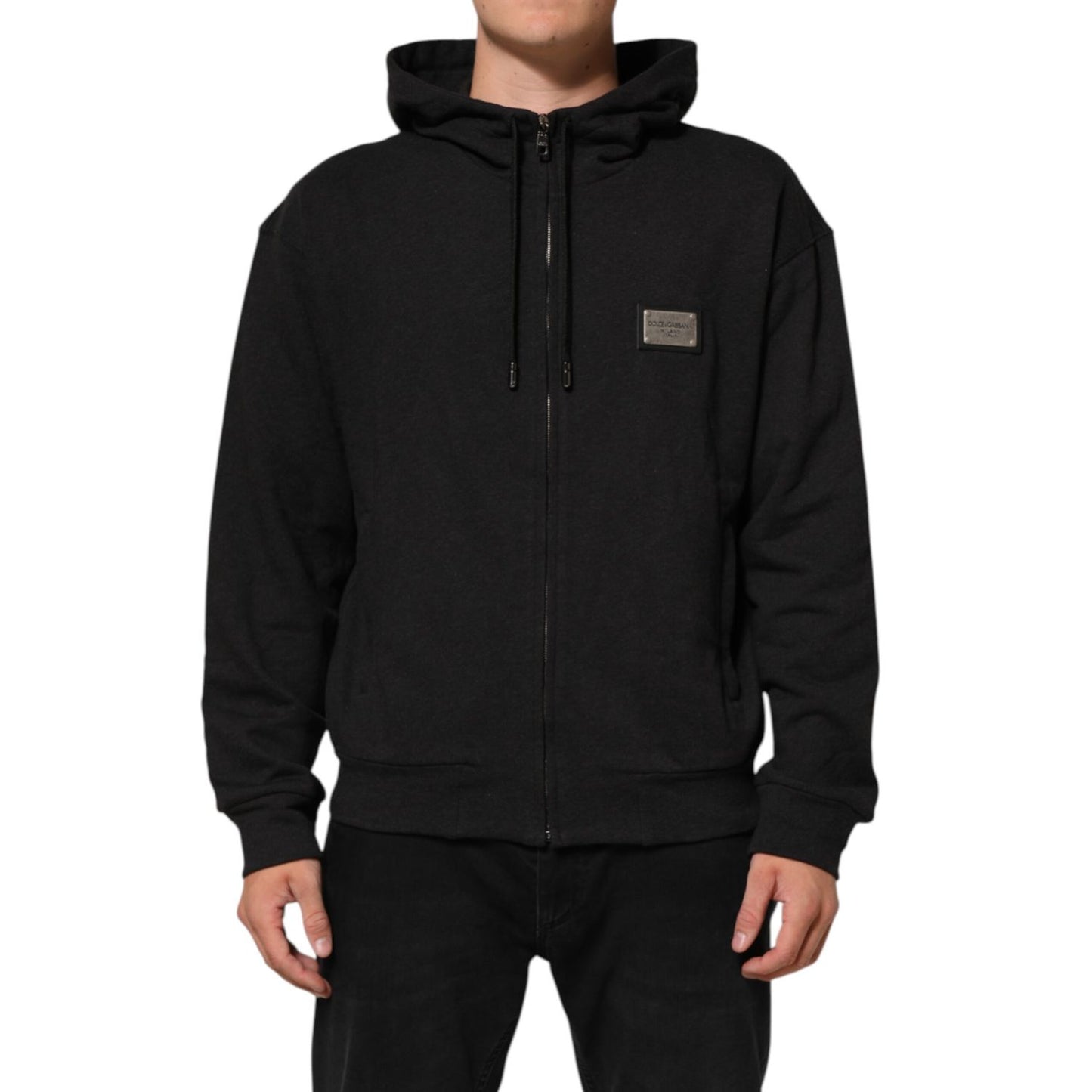 Dolce & Gabbana Black Logo FullZip Hooded Sweatshirt Sweater featuring full-zip design and iconic logo, worn by a model.