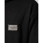 Dolce & Gabbana Black Logo FullZip Hooded Sweatshirt Sweater detail showing logo patch on black cotton fabric.