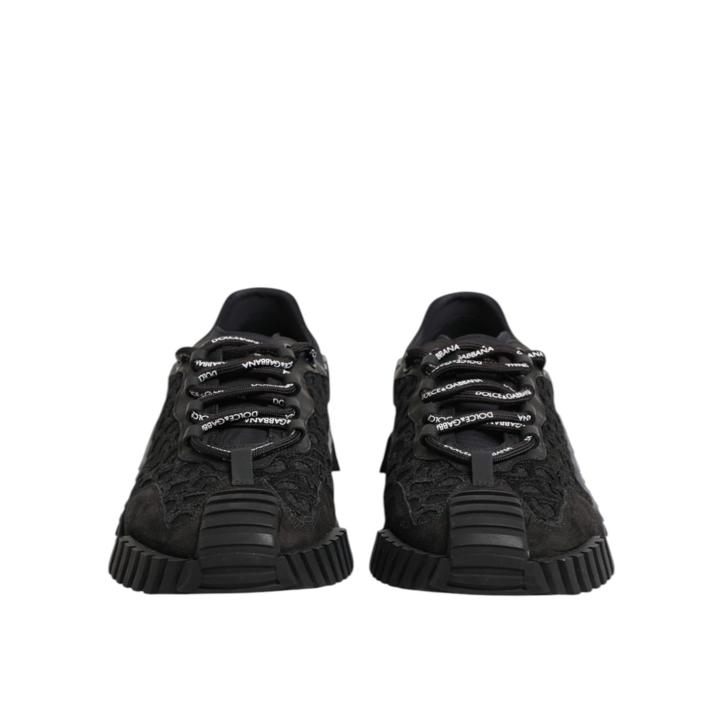 Dolce & Gabbana Black Logo Lace Low Top NS1 Sneaker Shoes, front view, showcasing lace-up design and signature detailing.