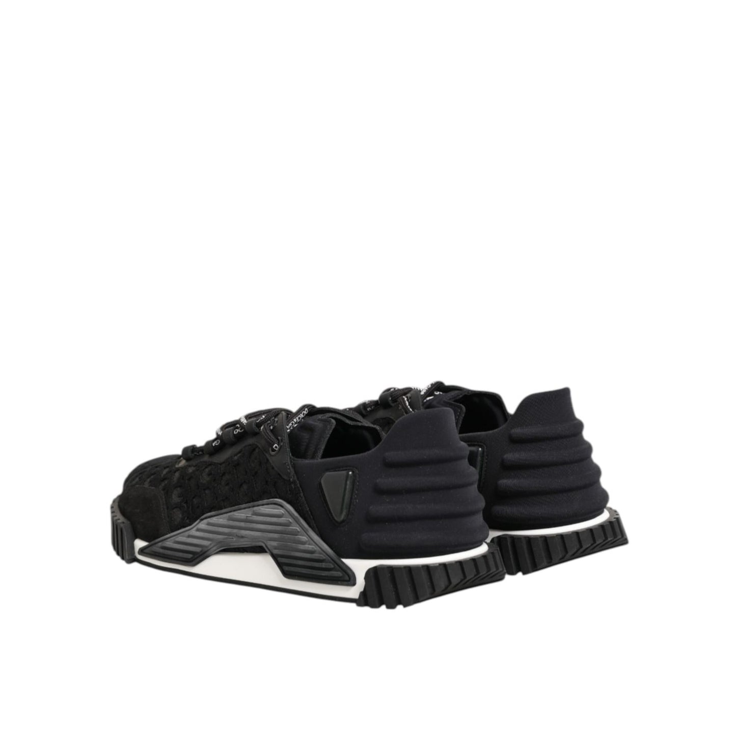 Dolce & Gabbana Black Logo Lace Low Top NS1 Sneaker Shoes with modern design, rear view of black sneakers, flexible stylish footwear.