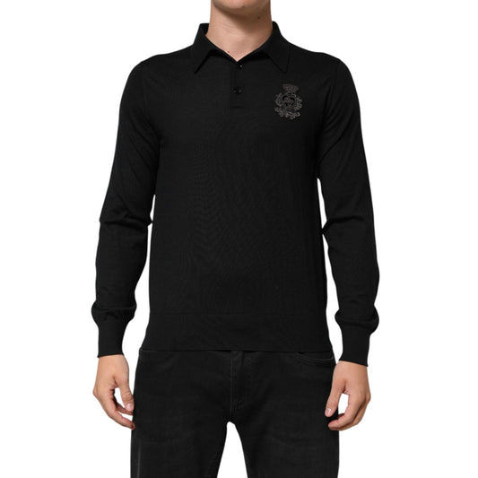 Dolce & Gabbana Black Logo Patch Collared Pullover Sweater in sleek cashmere, modeled with button detail for smart-casual style.