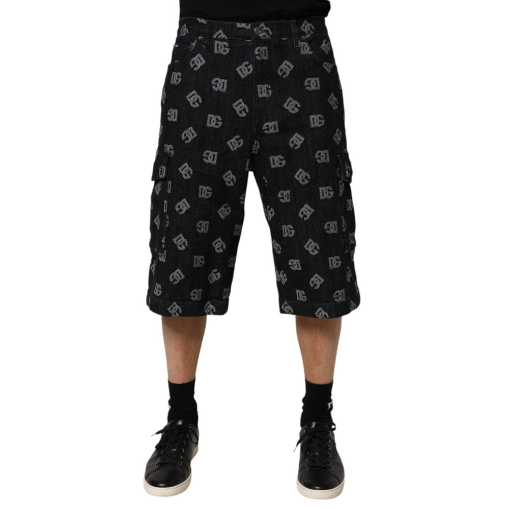 Dolce & Gabbana Black Monogram Denim Cargo Men Bermuda Short with signature logo and cargo pockets.