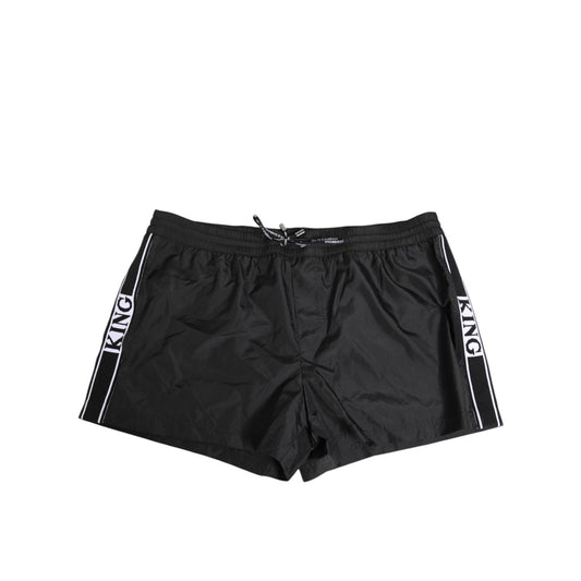Dolce & Gabbana Black Nylon KING Sideband Men Boxer Shorts Swimwear with elastic waistband and logo drawstring.