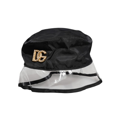 Dolce & Gabbana Black Nylon PVC DG Logo Bucket Hat with gold logo detail and transparent brim, made with 67% Nylon and 33% PVC.