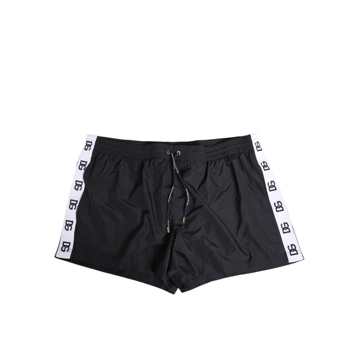 Dolce & Gabbana Black Nylon Side Logo Tape Shorts Swimwear with elastic waistband and drawstring, front and back zipper pockets.