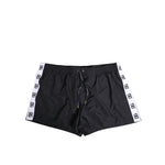 Dolce & Gabbana Black Nylon Side Logo Tape Shorts Swimwear with elastic waistband and drawstring, front and back zipper pockets.