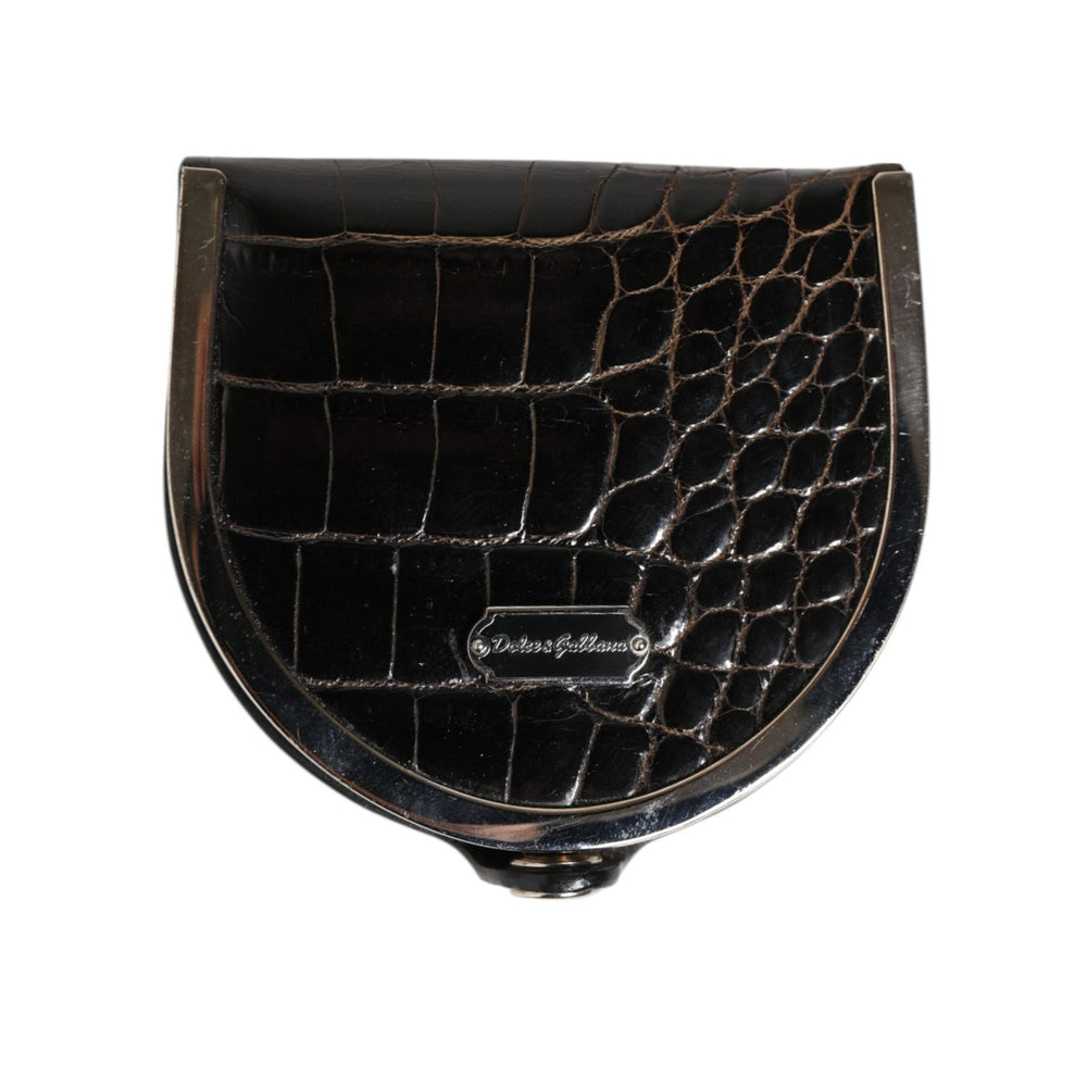 Dolce & Gabbana Black Polished Crocodile Leather Mens Coin Purse Wallet with metal snap closure, crafted from genuine alligator leather.