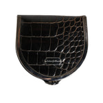 Dolce & Gabbana Black Polished Crocodile Leather Mens Coin Purse Wallet with metal snap closure, crafted from genuine alligator leather.