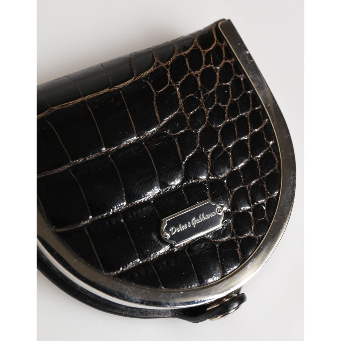Dolce & Gabbana Black Polished Crocodile Leather Mens Coin Purse Wallet close-up showing texture and logo.