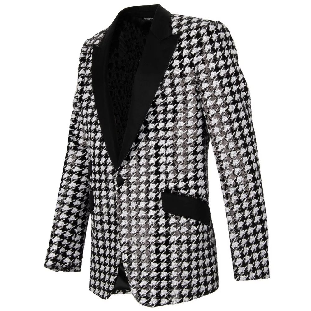 Dolce & Gabbana Black Polyester Blazer with houndstooth pattern, peak lapel, and sequin lining, featuring three flap pockets.