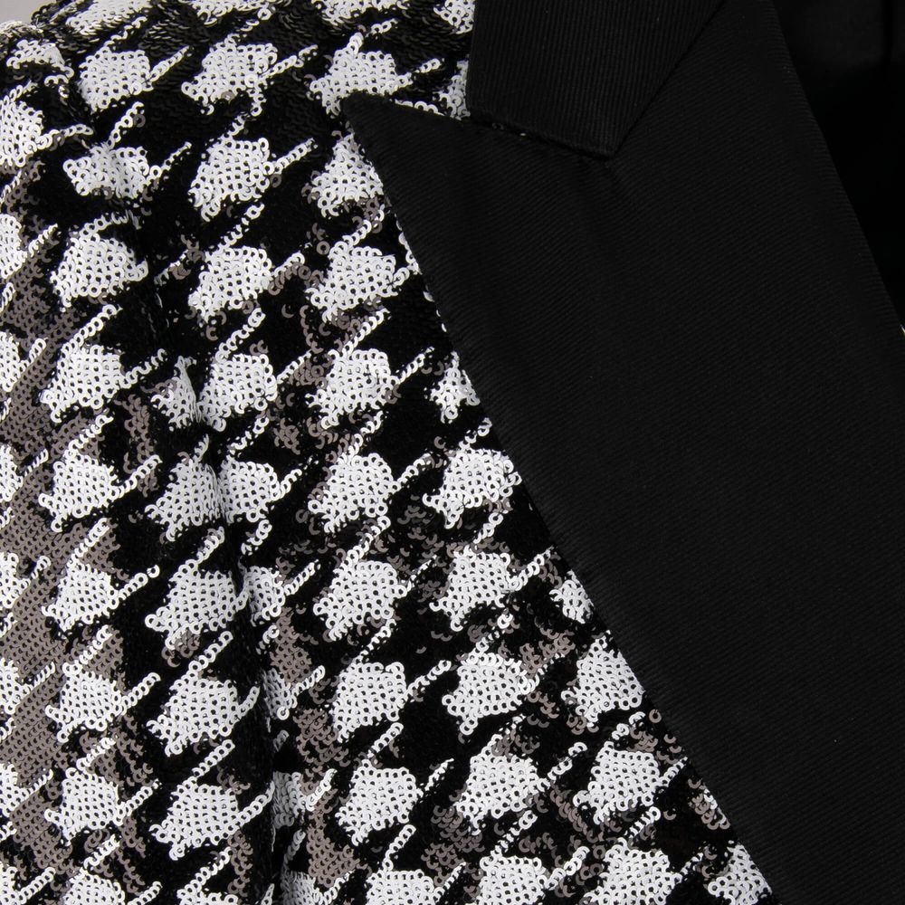 Dolce & Gabbana Black Polyester Blazer with houndstooth sequin fabric and peak lapel detail.