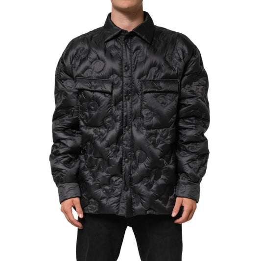 Dolce & Gabbana Black Quilted DG Logo Nylon Puffer Jacket with embossed pattern and snap button closure, oversized fit.