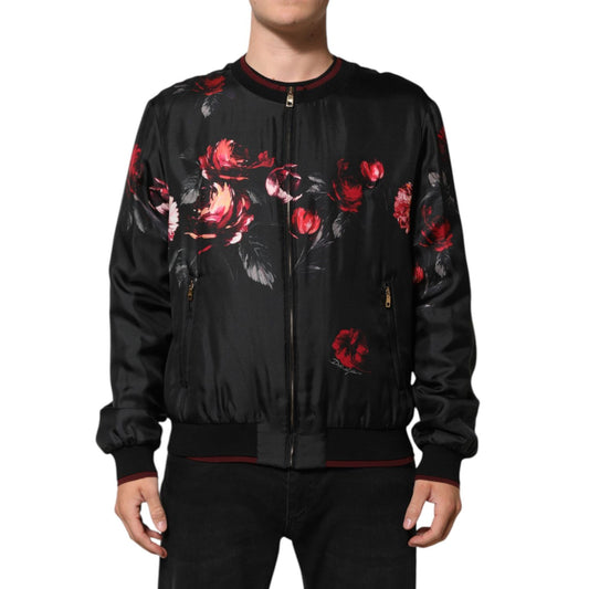 Dolce & Gabbana Black Red Floral Silk Bomber Blouson Jacket with ribbed collar and cuffs.