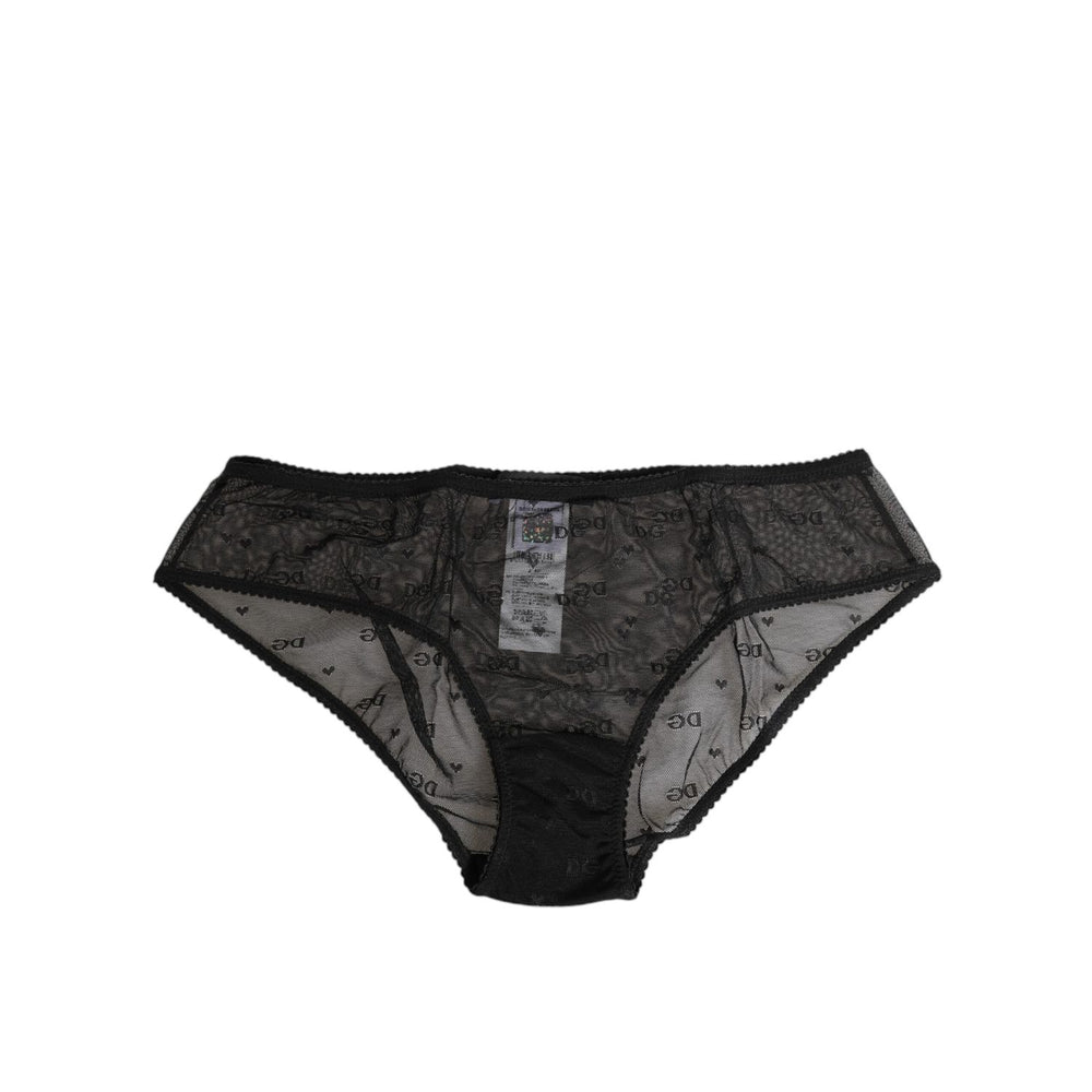 Dolce & Gabbana Black Sheer Mesh Lace Polka Dot Logo Underwear, high-waist briefs with elastic waistband and DG pattern, front view
