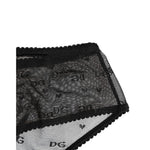 Dolce & Gabbana Black Sheer Mesh Lace Polka Dot Logo Underwear with DG logo on black fabric. High-waist briefs with elegant finish.