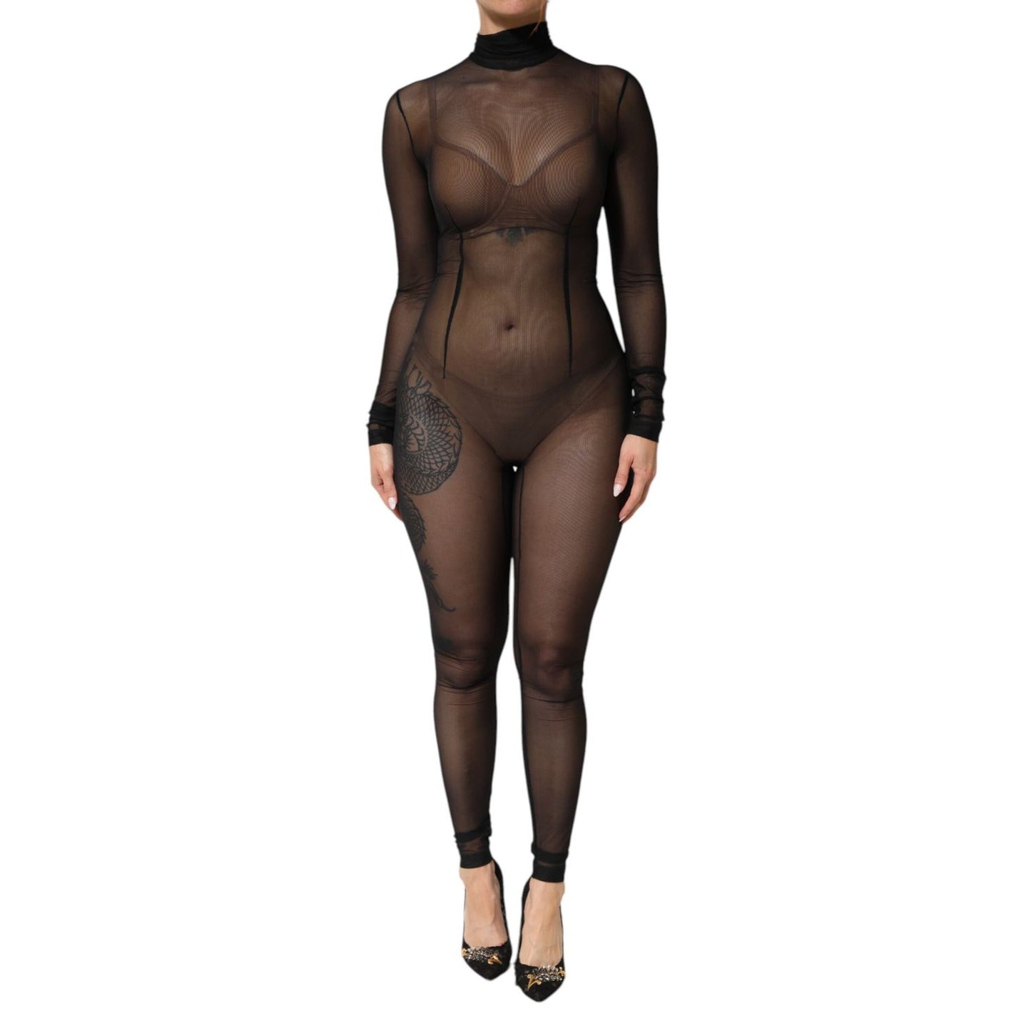Dolce & Gabbana Black Sheer Mesh Long Sleeve Jumpsuit Bodysuit Dress with high neck and zipper closure