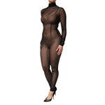 Dolce & Gabbana Black Sheer Mesh Long Sleeve Jumpsuit Bodysuit Dress on model, featuring high neck and elegant silhouette.