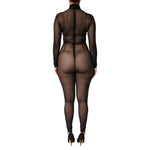 Back view of Dolce & Gabbana Black Sheer Mesh Long Sleeve Jumpsuit Bodysuit Dress showcasing high neck design and figure-enhancing silhouette.