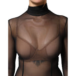 Dolce & Gabbana Black Sheer Mesh Long Sleeve Jumpsuit Bodysuit Dress featuring high neck and logo details