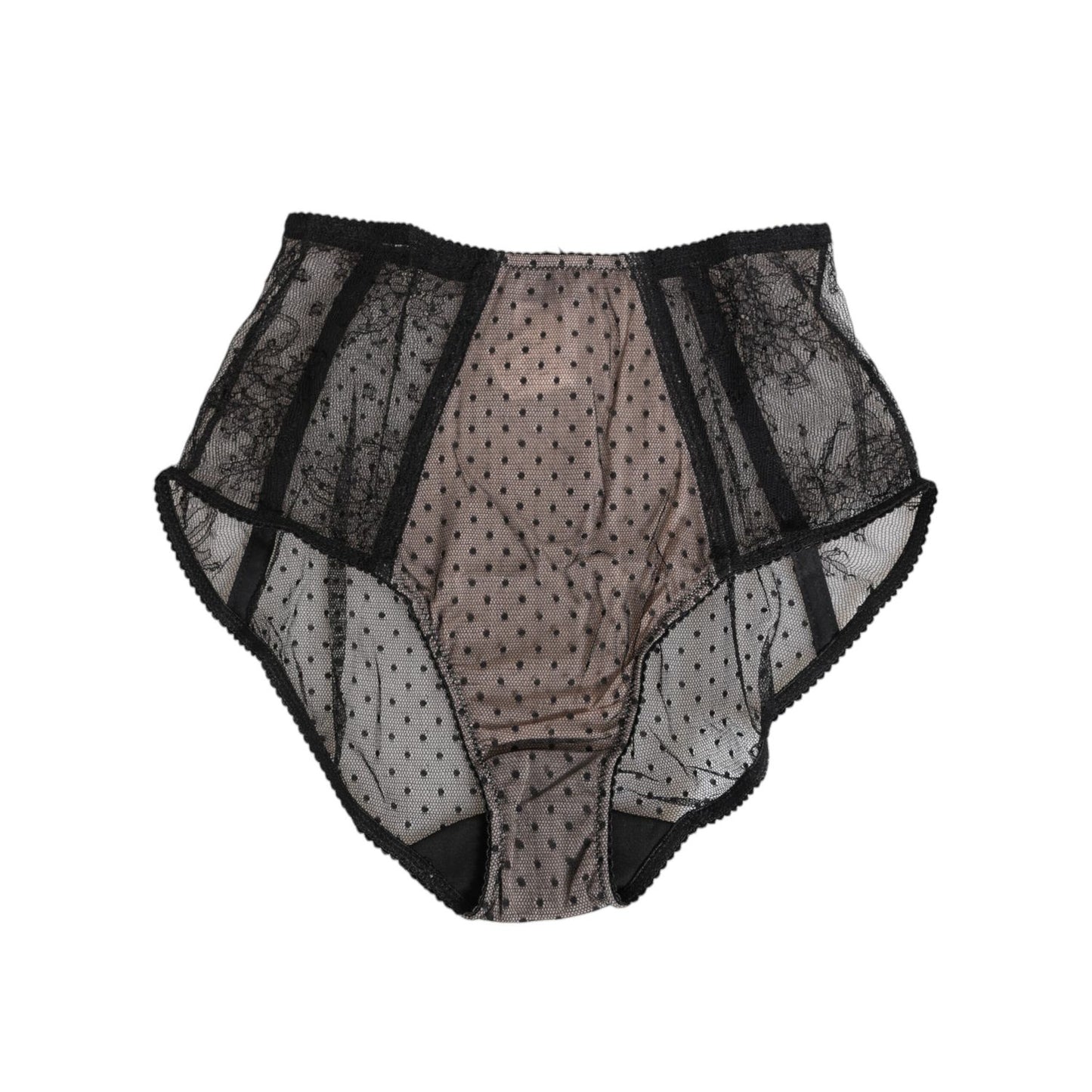 Dolce & Gabbana Black Sheer Polka Dot Lace High Waist Underwear, elegant lace design with black polka dot mesh, crafted in Italy.