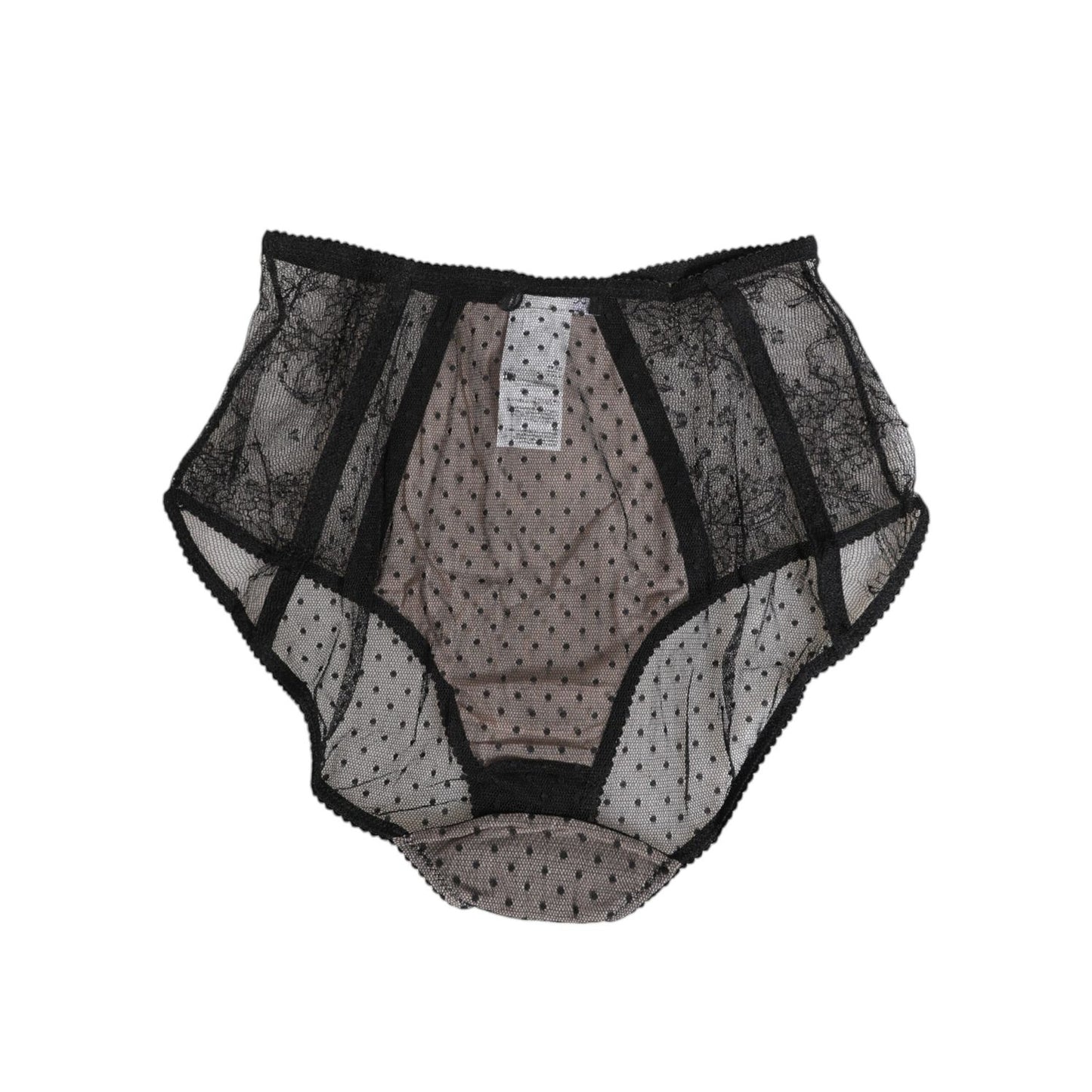 Dolce & Gabbana Black Sheer Polka Dot Lace High Waist Underwear with delicate lace and polka dot mesh, feminine and elegant design.