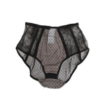 Dolce & Gabbana Black Sheer Polka Dot Lace High Waist Underwear with delicate lace and polka dot mesh, feminine and elegant design.