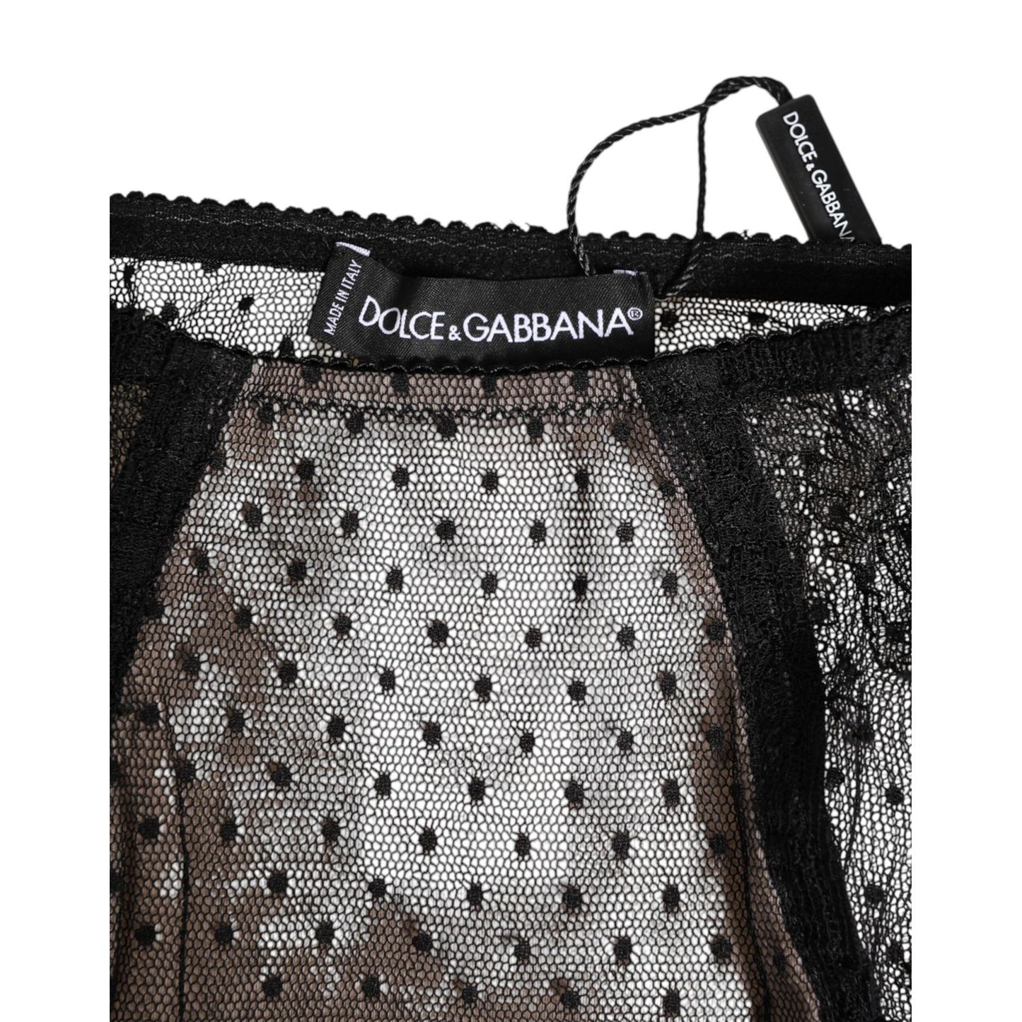 Close-up view of Dolce & Gabbana Black Sheer Polka Dot Lace High Waist Underwear featuring elegant lace and polka dot mesh design.