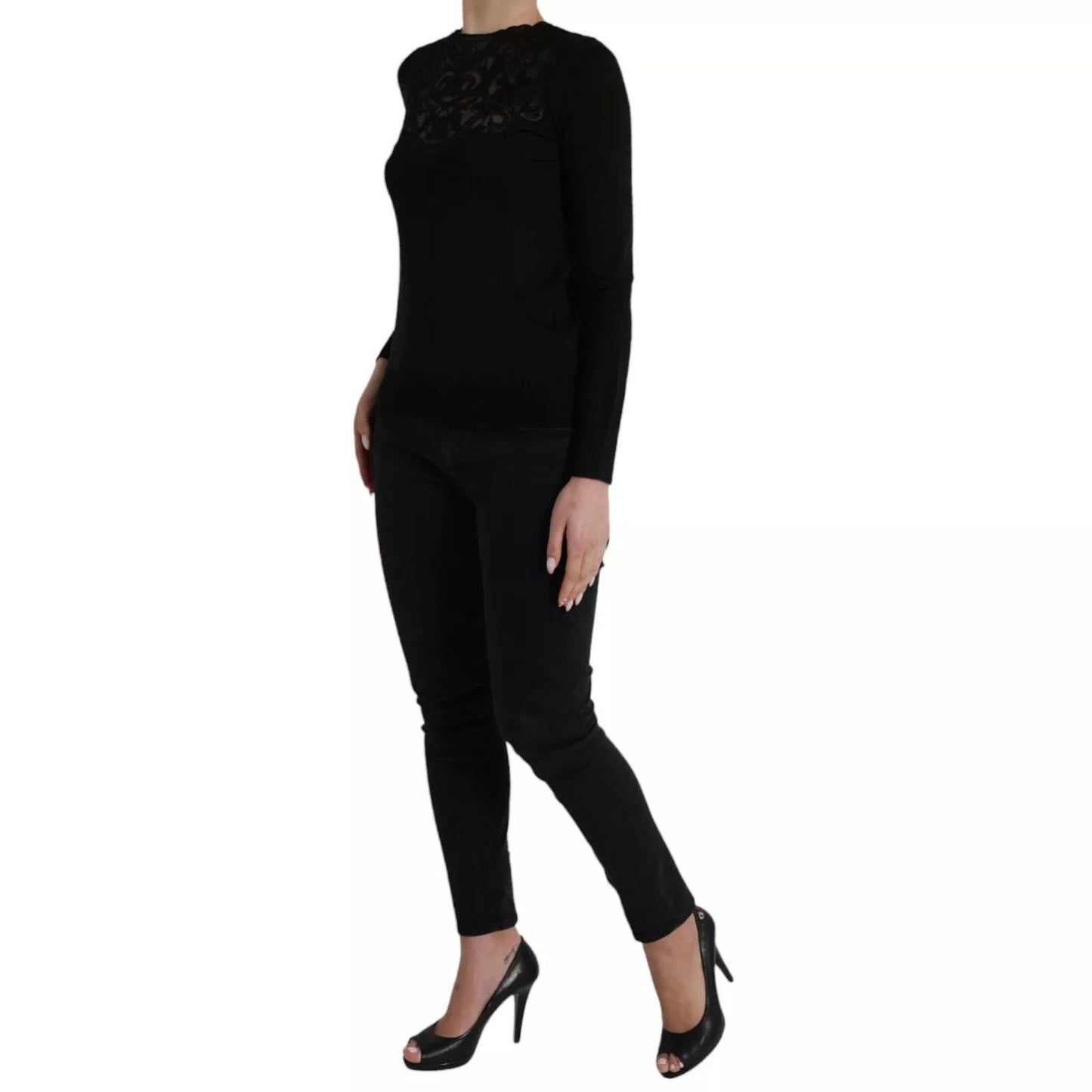 Dolce & Gabbana Black Silk Lace Trim Long Sleeves Blouse Top, elegant women’s fashion, luxury Italian design.