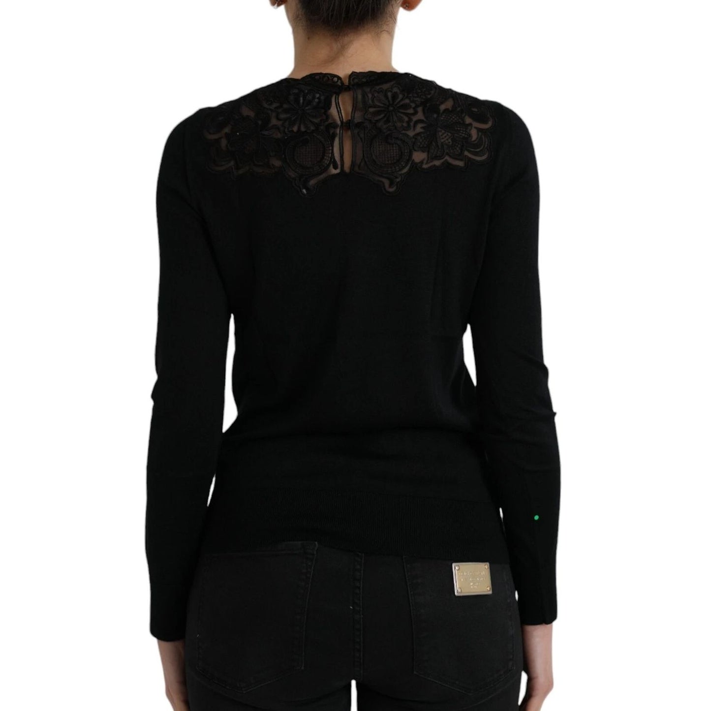 Dolce & Gabbana Black Silk Lace Trim Long Sleeves Blouse Top rear view