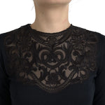 Dolce & Gabbana Black Silk Lace Trim Long Sleeves Blouse Top with intricate lace pattern on a model, 80% silk, 20% viscose.