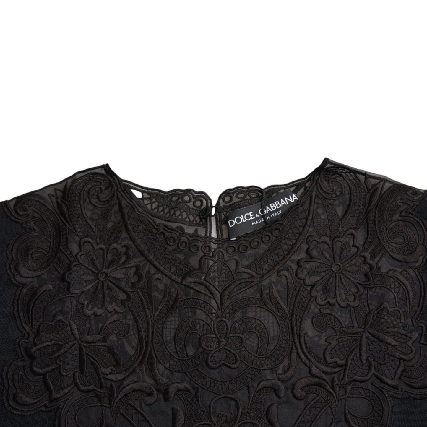 Dolce & Gabbana Black Silk Lace Trim Long Sleeves Blouse Top with intricate lace details and logo tag.