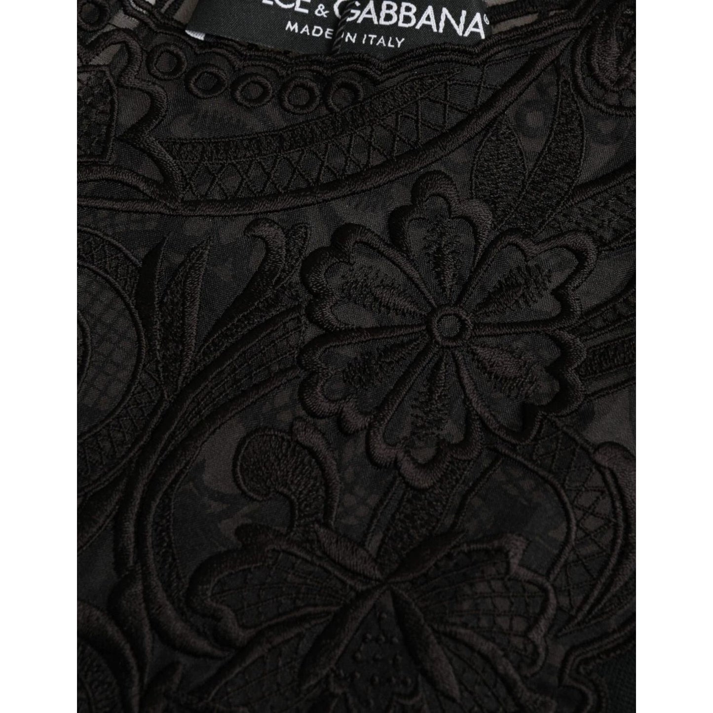Dolce & Gabbana Black Silk Lace Trim Long Sleeves Blouse Top with intricate floral details, 80% silk, made in Italy.