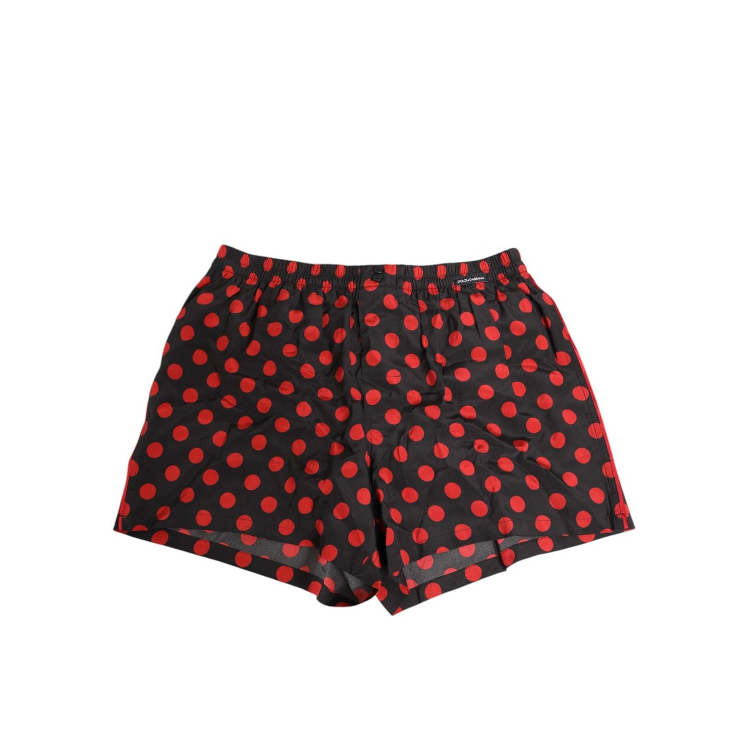 Dolce & Gabbana Black Silk Polka Dot Boxer Shorts Men Underwear with red dots, elastic waistband, 100% silk for comfort and style.