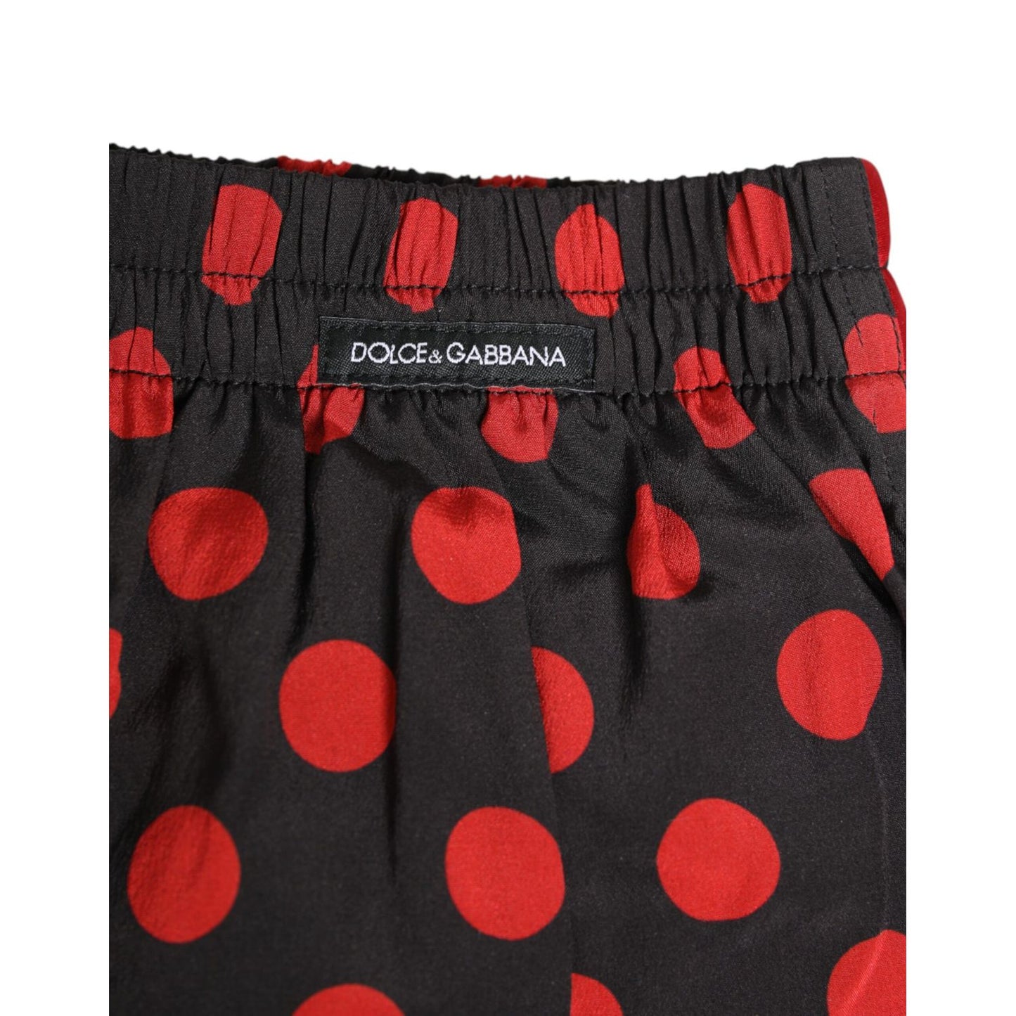Dolce & Gabbana Black Silk Polka Dot Boxer Shorts Men Underwear with elastic waistband and logo detail.