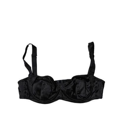 Dolce & Gabbana Black Silk Stretch Balconette Brassiere Underwear with hook closure and logo details.