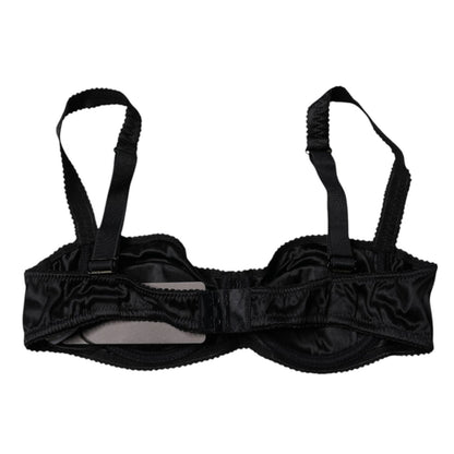 Dolce & Gabbana Black Silk Stretch Balconette Brassiere Underwear in black silk with hook closure and logo details, back view.