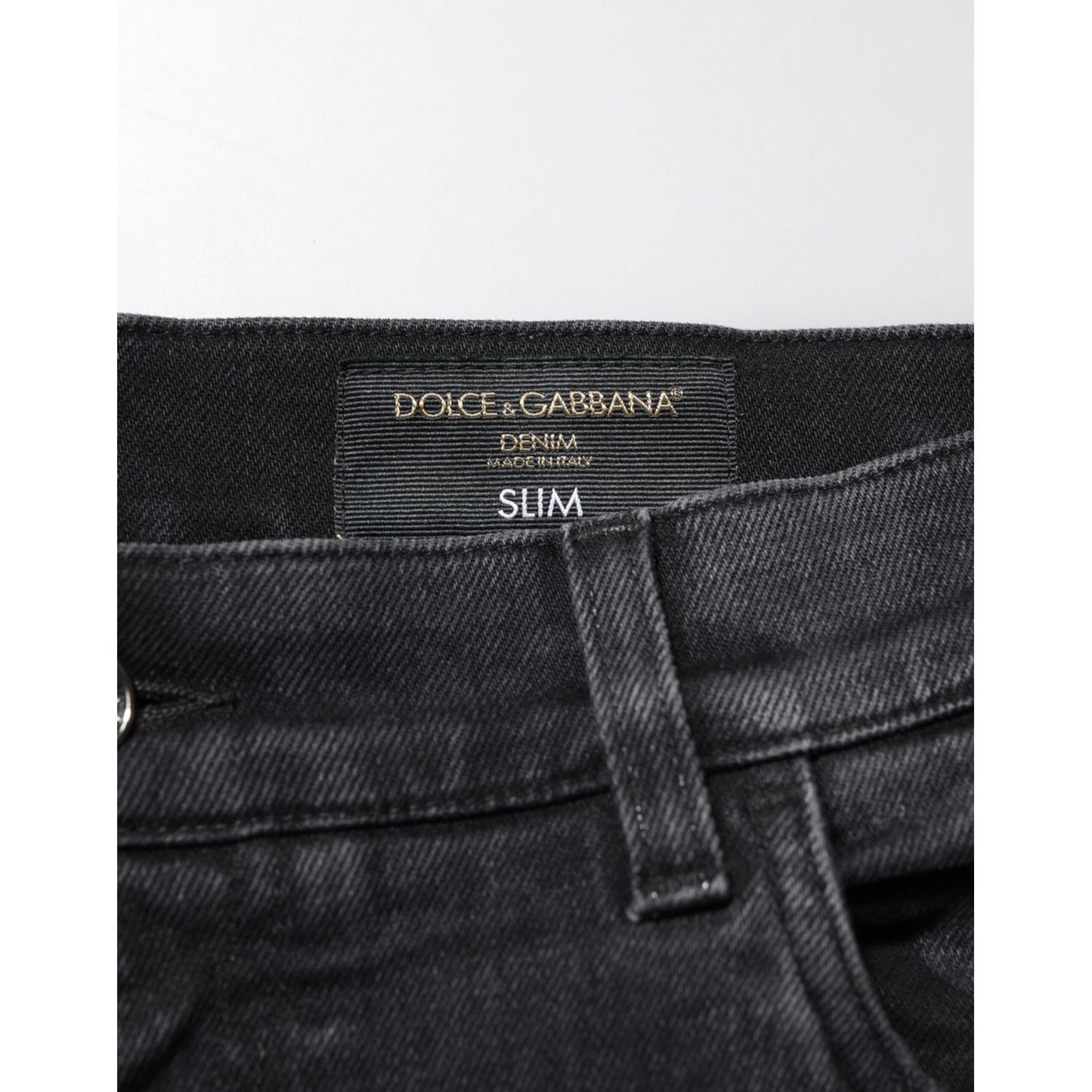 Dolce & Gabbana Black Slim Fit Stretch Men Denim Pants Jeans label and waistband close-up view.
