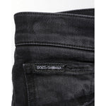 Dolce & Gabbana Black Slim Fit Stretch Men Denim Pants Jeans with logo detail on waistband, close-up view.