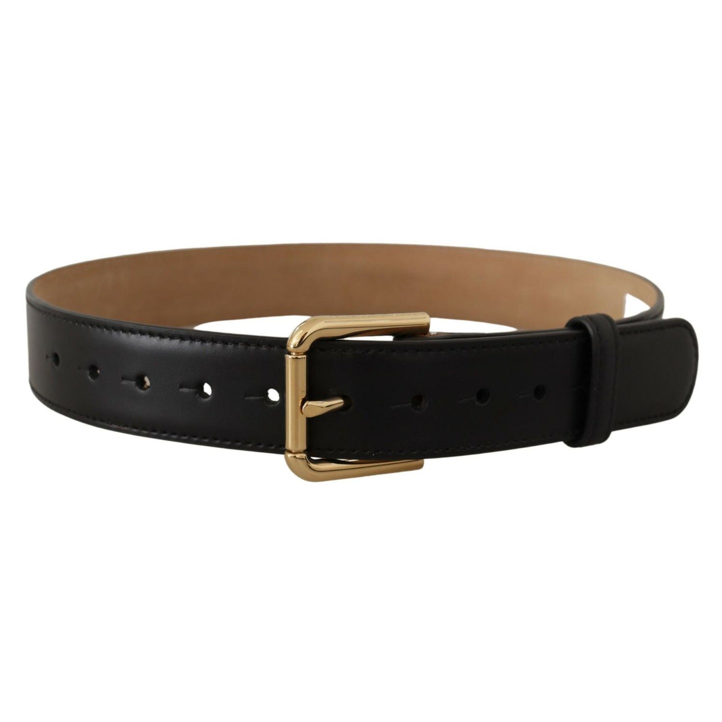 Dolce & Gabbana Black Solid Leather Classic Gold Waist Buckle Belt showcasing elegant design and logo.