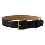 Dolce & Gabbana Black Solid Leather Classic Gold Waist Buckle Belt showcasing elegant design and logo.
