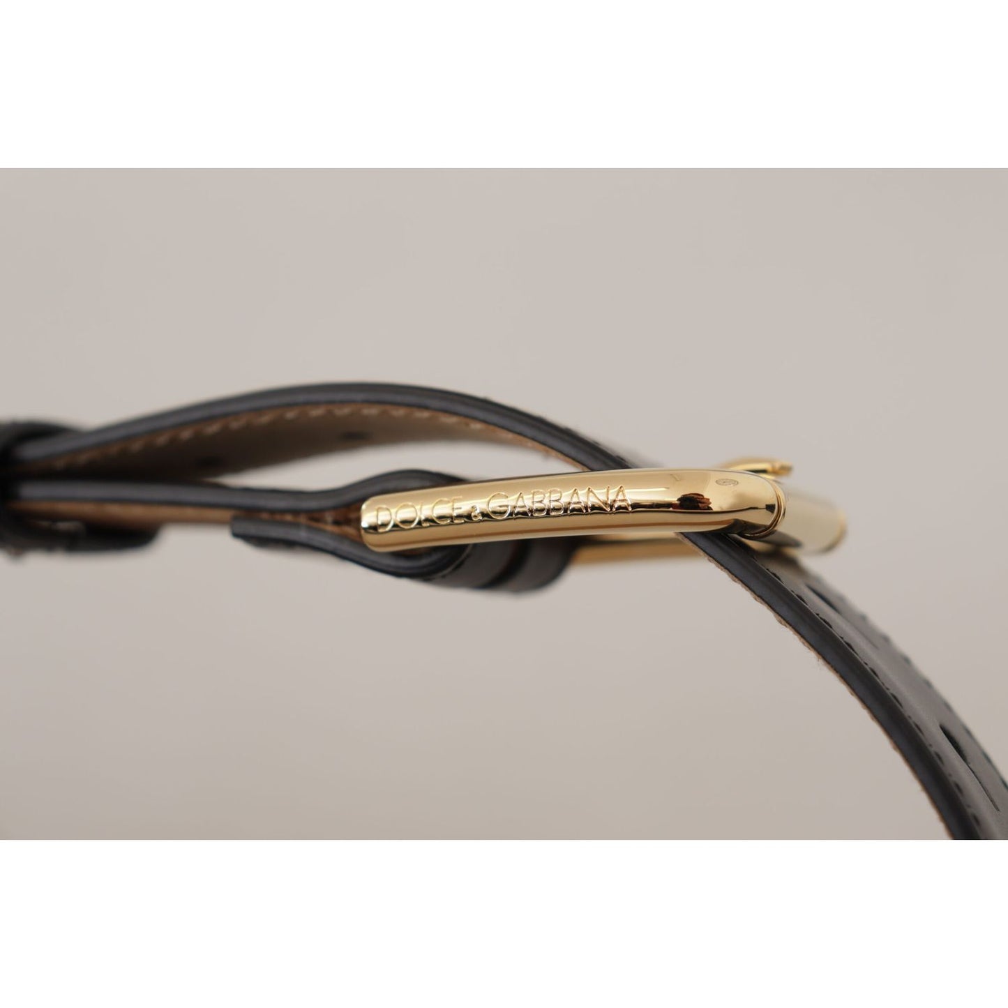 Dolce & Gabbana Black Solid Leather Classic Gold Waist Buckle Belt with engraved logo on gold metal buckle.