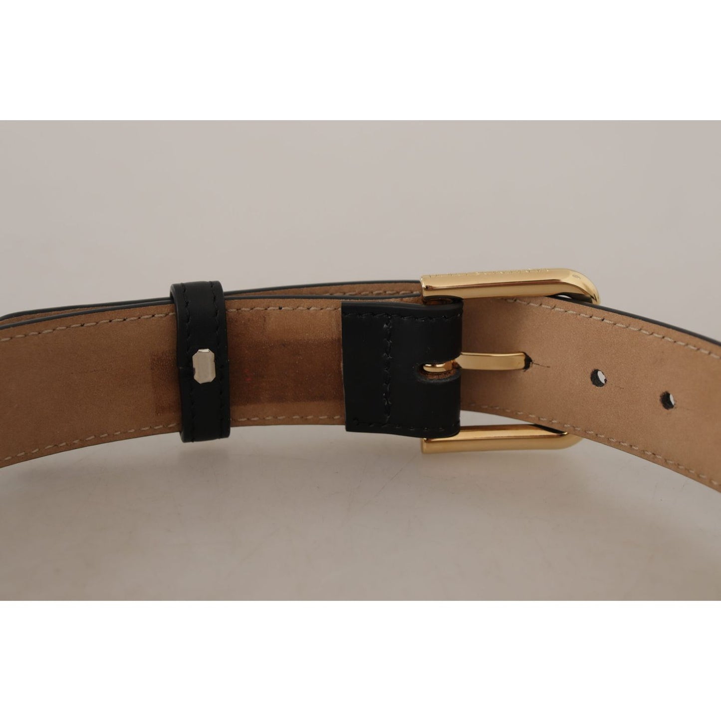 Dolce & Gabbana Black Solid Leather Classic Gold Waist Buckle Belt with logo engraved buckle and black leather strap.