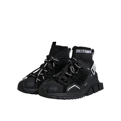 Dolce & Gabbana Black Sorrento Socks Logo Sneakers Shoes with ridged sole, lace-up design, and logo details on a black background.