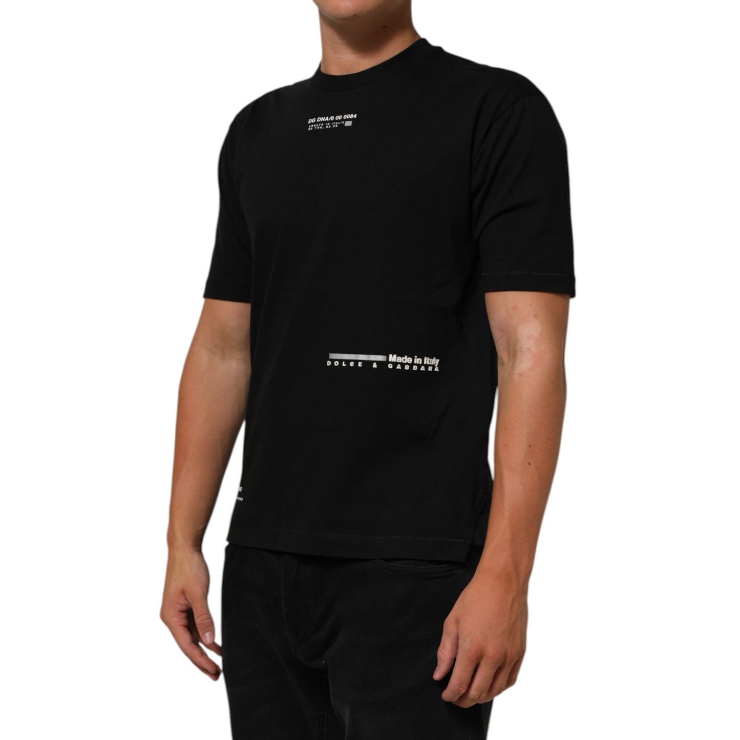 Dolce & Gabbana Black Statement Cotton Men Crew Neck T-shirt with unique print, perfect for stylish casual wear, premium quality cotton.
