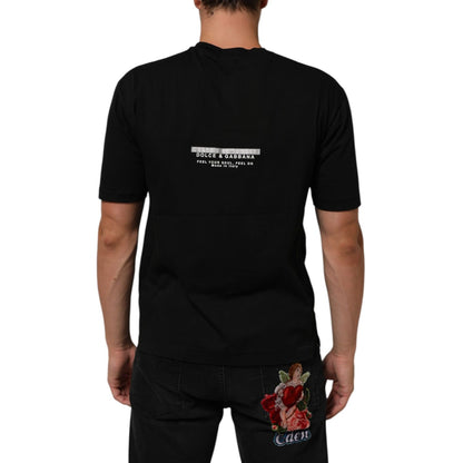 Dolce & Gabbana Black Statement Cotton Men Crew Neck T-shirt, rear view with unique print, casual fashion style.